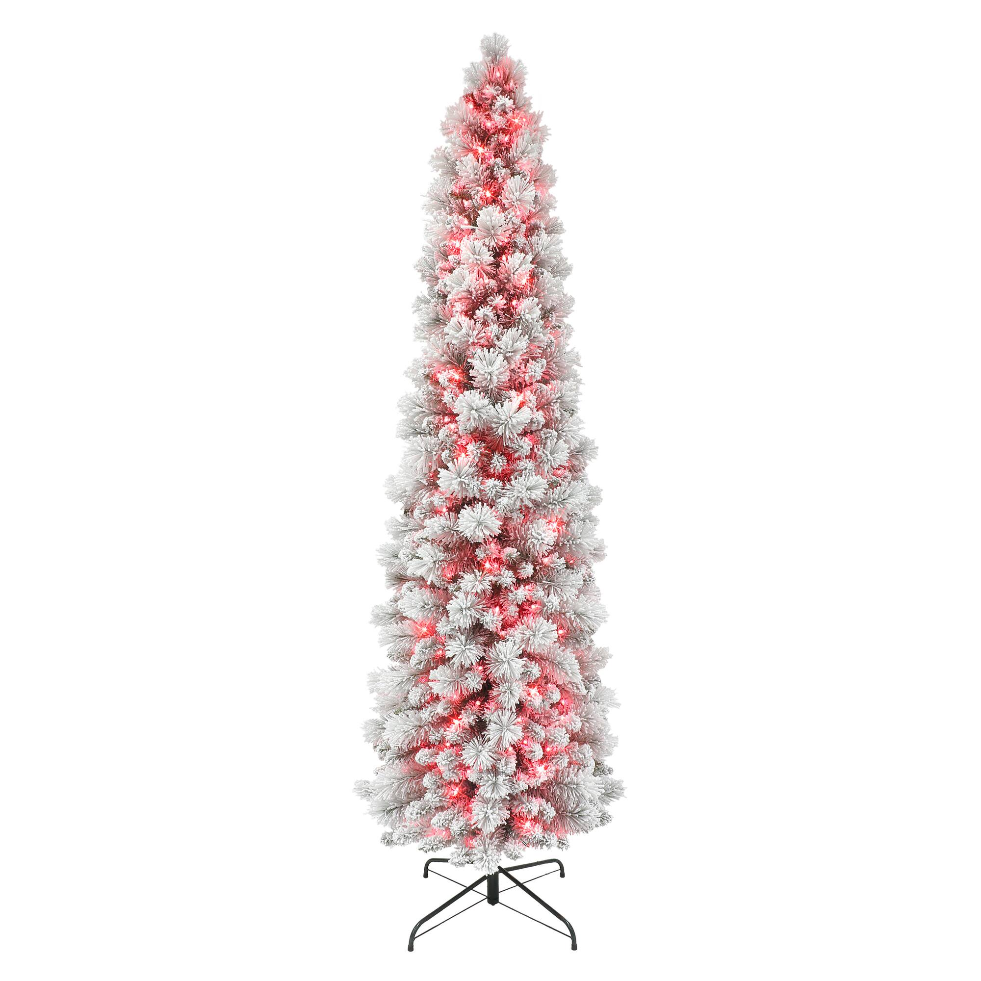 7.5ft. Pre-Lit Flocked Portland Pine Artificial Pencil Christmas Tree, Pink Lights